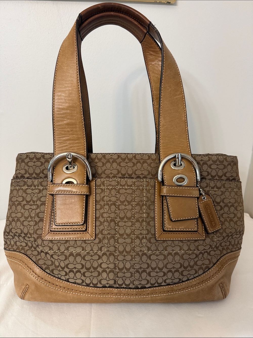 Coach Brown Signature Canvas Shoulder Bag with Tan Leather Trim